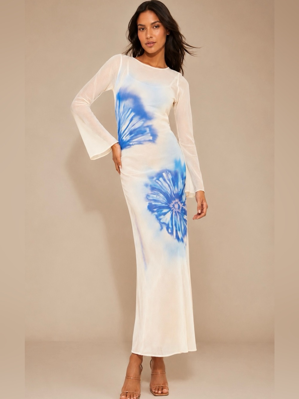 Especia Venomous Sheer Maxi Dress Blue Floral Mesh Bell Sleeve XL